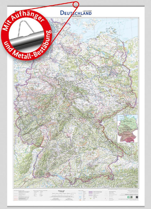 Deutschland auf einen Blick! Landschaftskarte 1:750 000 mit Aufhänger und Metall-Bestäbung
