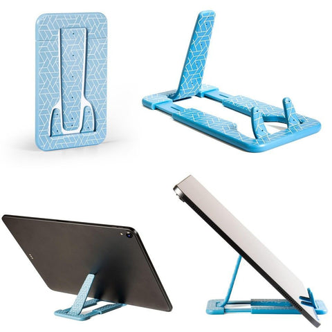 Flexistand Pro (Blue Geometrical) | flexibler Tablethalter | für alle Handys und Tablets | superflach | stufenlos verstellbar | hochkant und quer | passt in jede Tasche | ideal für unterwegs