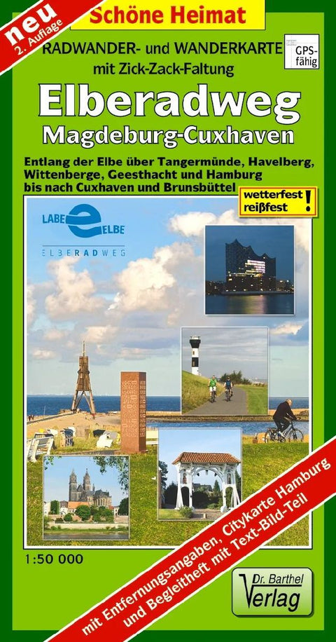 Radwander- und Wanderkarte mit Zick-Zack-Faltung Elberadweg, Magdeburg-Cuxhaven