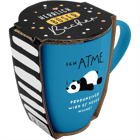 Tasse mit Motivdruck "Ich atme. Produktiver wird es heute nicht!", mit Banderole