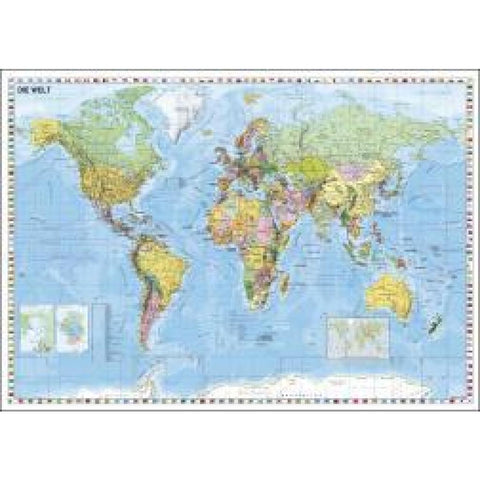 Weltkarte deutschsprachig. Wandkarte mit Flaggenrand