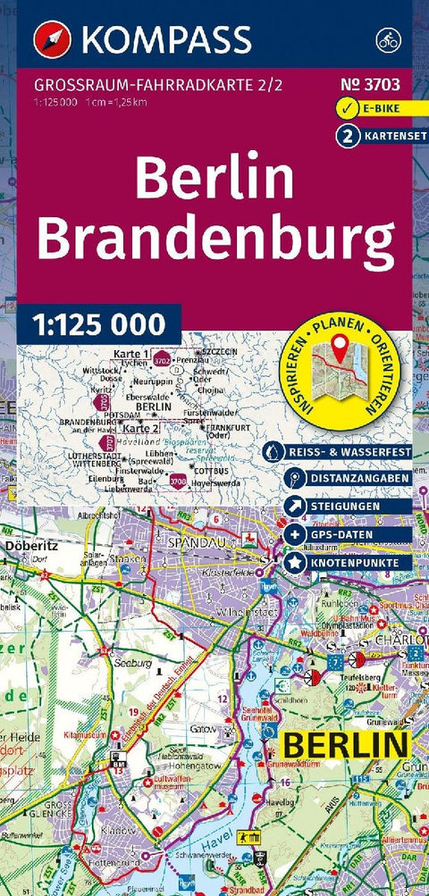 KOMPASS Großraum Fahrradkarte 3703 Berlin-Brandenburg, mit Knotenpunkten 1:125.000