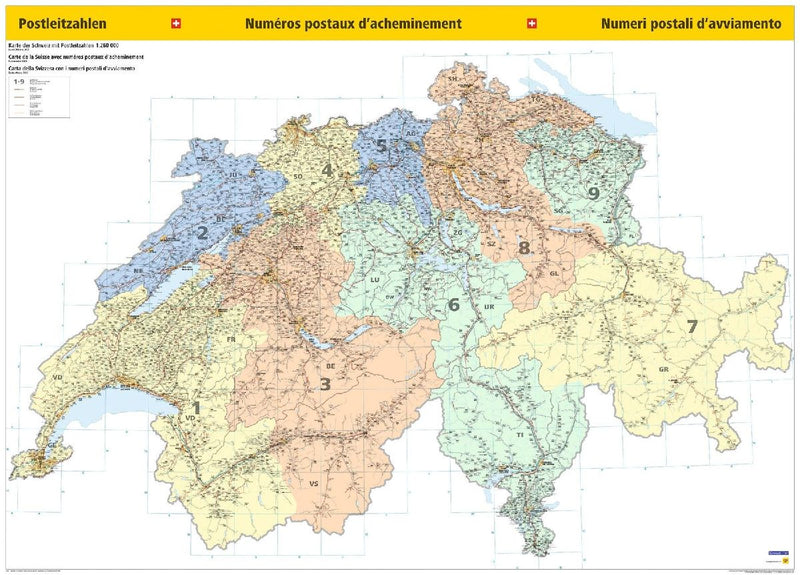 Kümmerly+Frey Thematische Karte Schweiz Postleitzahlenkarte Poster 1:260.000