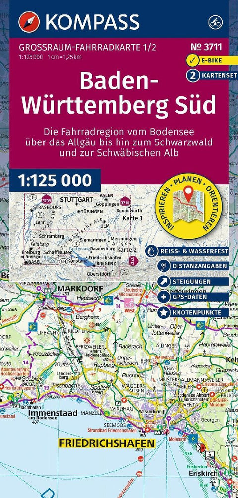 KOMPASS Großraum Fahrradkarte 3711 Baden-Württemberg Süd, die Fahrradregion vom Bodensee über das Allgäu bis zum Schwarzwald und der Schwäbischen Alb; mit Knotenpunkten 1:125.000