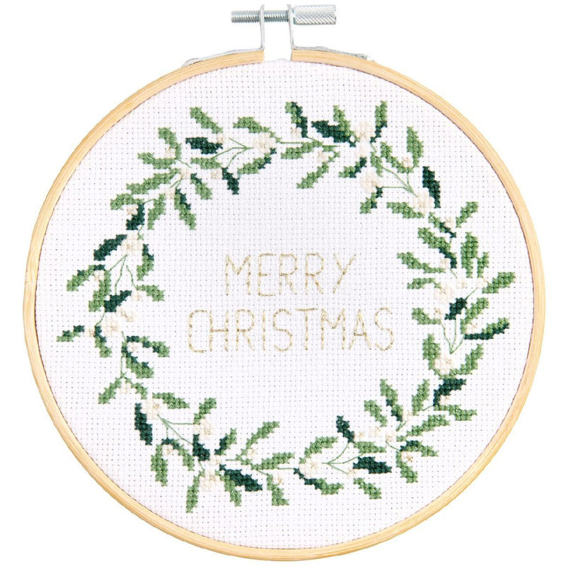Stickp. Gez. Kreuzstich, Mistelkranz Merry Christmas, Ø 15 cm