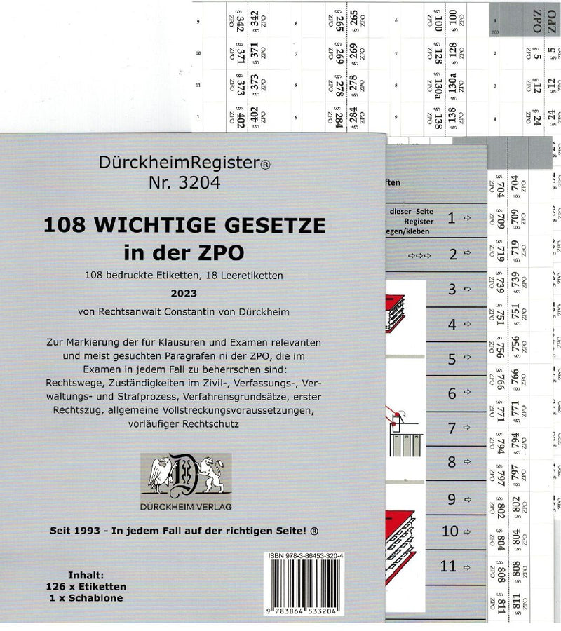 DürckheimRegister® 108 WICHTIGE §§ in der ZPO, ohne Stichworte