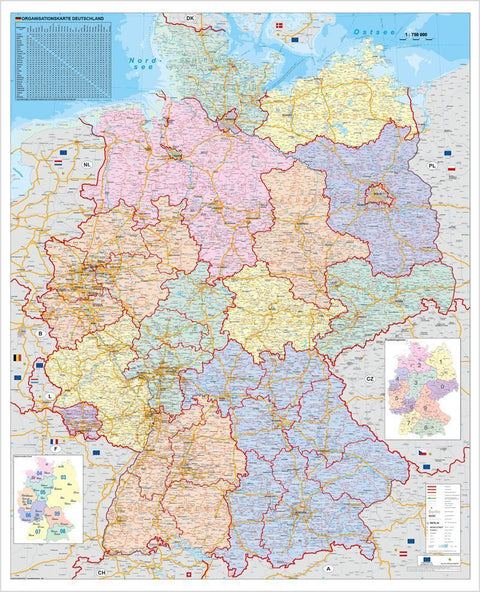 Orga-Karte Deutschland 1 : 750 000. Wandkarte Großformat ohne Metallstäbe