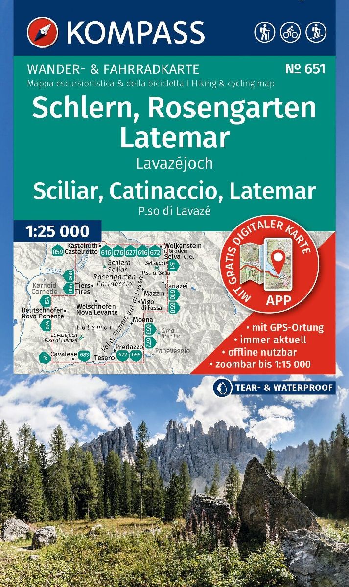 KOMPASS Wanderkarte 651 Schlern, Rosengarten, Latemar, Lavazéjoch / Sciliar, Catinaccio, Latemar, P.so di Lavazé 1:25.000