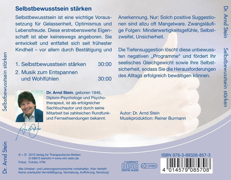 Selbstbewusstsein stärken. Stereo-Tiefensuggestion. CD (Rückseite)