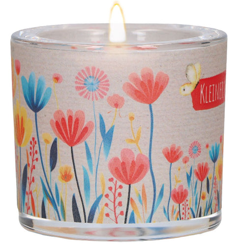 Butzon & Bercker Glaswindlicht mit Blumenmotiv Ø 6,5 cm - farbig bedrucktes Windlicht, Lieferung mit Teelicht, liebevolles Geschenk für Mut und Zuversicht, Geschenkverpackung