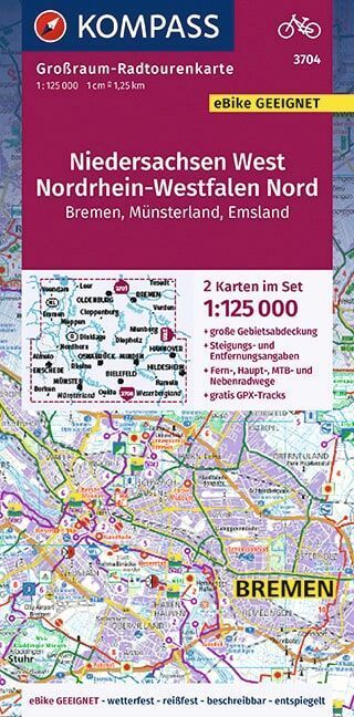 KOMPASS Großraum-Radtourenkarte 3704 Niedersachsen West, Nordrhein-Westfalen Nord 1:125.000