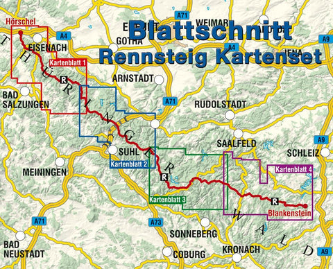 Rennsteig 1:35 000. 4-teiliges wetterfestes Kartenset mit Schutzhülle