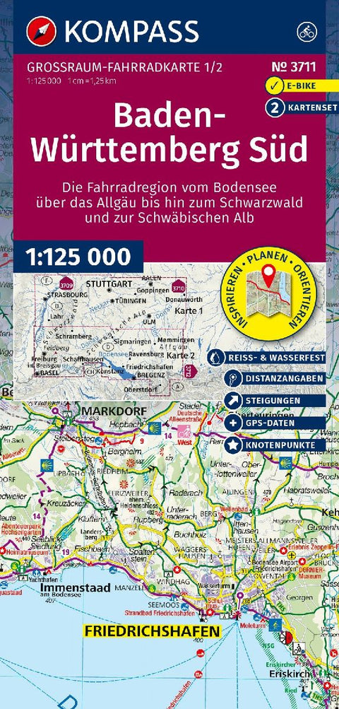 KOMPASS Großraum Fahrradkarte 3711 Baden-Württemberg Süd, die Fahrradregion vom Bodensee über das Allgäu bis zum Schwarzwald und der Schwäbischen Alb; mit Knotenpunkten 1:125.000