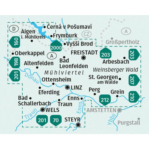KOMPASS Wanderkarten-Set 202 Linz und Umgebung, Mühlviertel, Wels, Steyr (2 Karten) 1:50.000