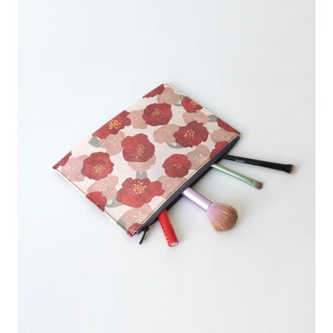 Hanji-Papiertasche Federmäppchen Kosmetiktasche - Rot/Kamelie - aus traditionellem Hanji-Papier