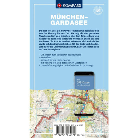 KOMPASS Fahrrad-Tourenkarte München - Gardasee, Radweg via Brenner 1:50.000