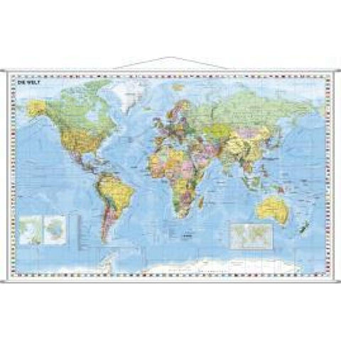 Weltkarte deutsch Kleinformat. Wandkarte mit Metallleiste