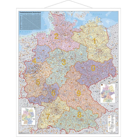 Postleitzahlen-Karte Deutschland 1 : 750 000. Wandkarte Grossformat mit Metallstäben