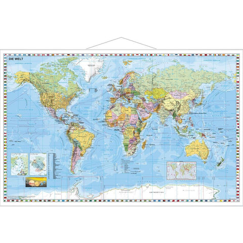 Weltkarte deutsch Kleinformat. Wandkarte mit Metallleiste