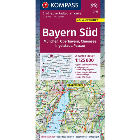KOMPASS Großraum-Radtourenkarte 3712 Bayern Süd, Oberbayern, Chiemsee, Ingolstadt, Passau, München, 1:125.000
