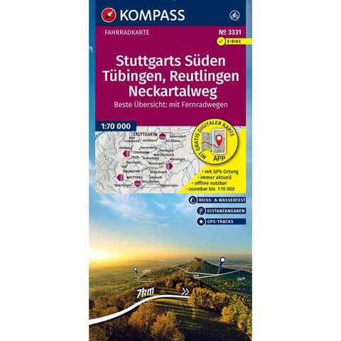 KOMPASS Fahrradkarte 3331 Stuttgarts Süden, Tübingen, Reutlingen, Neckartalweg 1:70.000