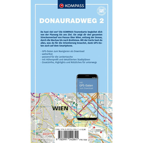 KOMPASS Fahrrad-Tourenkarte Donauradweg 2, von Passau über Wien nach Bratislava 1:50.000