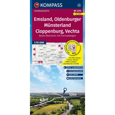 KOMPASS Fahrradkarte 3374 Emsland, Oldenburger Münsterland, Cloppenburg, Vechta mit Knotenpunkten 1:70.000