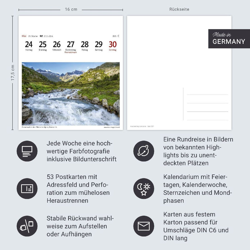 Alpen Sehnsuchtskalender 2027 - Wochenkalender mit 53 Postkarten (Innenansicht)