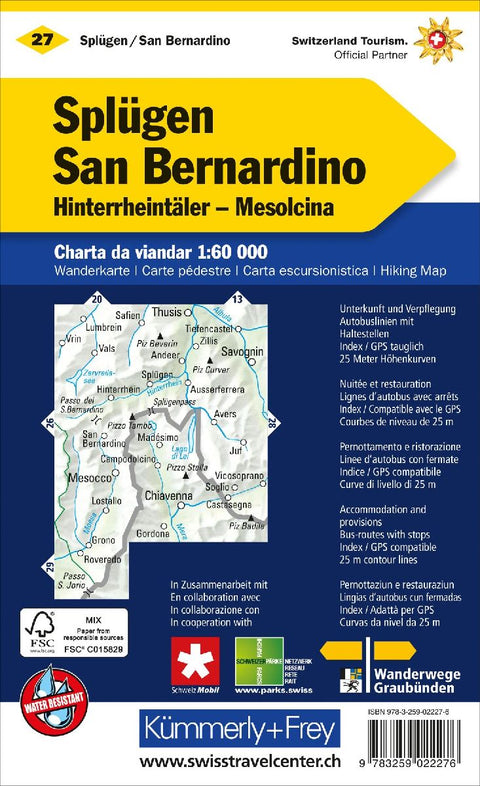Splügen-San Bernardino, Hinterrheintäler, Misox Wanderkarte nr. 27