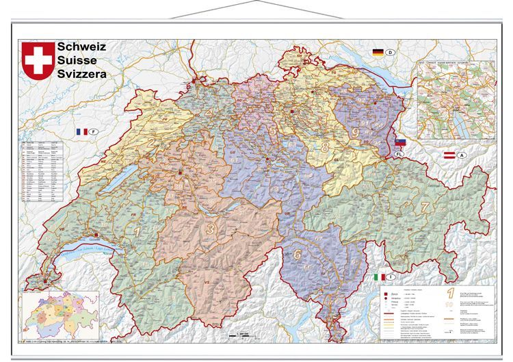 Schweiz Postleitzahlen 1 : 400 000. Wandkarte laminiert mit Metallbeleitung