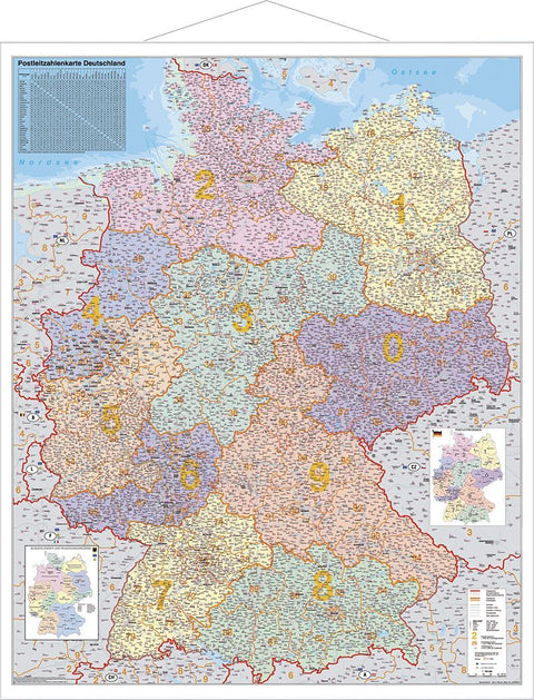 Postleitzahlen-Karte Deutschland 1 : 1 000 000. Wandkarte Kleinformat mit Metallstäben