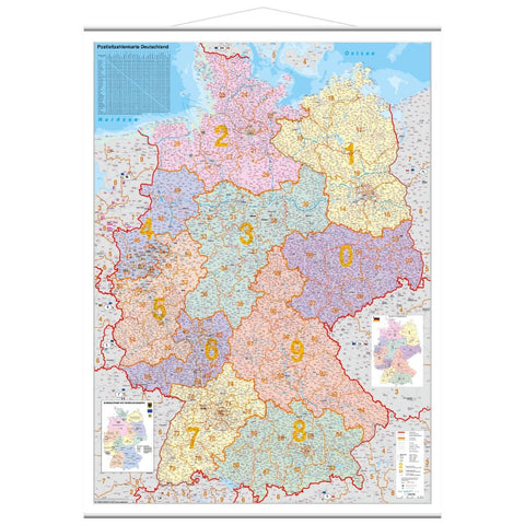 Postleitzahlen-Karte Deutschland 1 : 1 000 000. Wandkarte Kleinformat mit Metallstäben