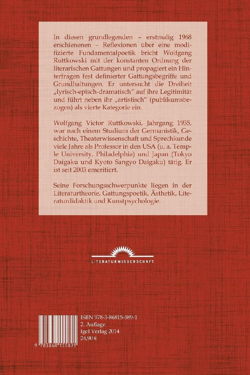 Die Literarischen Gattungen: Reflexionen über eine modifizierte Fundamentalpoetik (Rückseite)