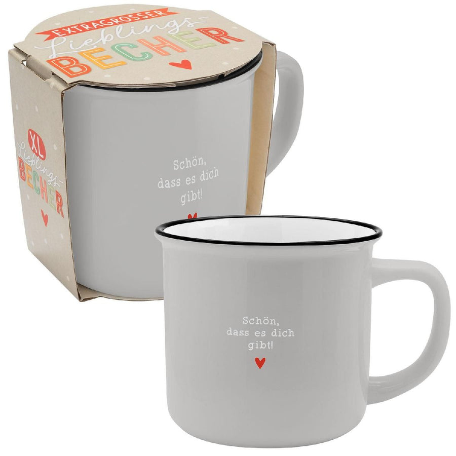 XL-Becher in Emailleoptik mit Motivdruck "Schön, dass es dich gibt"