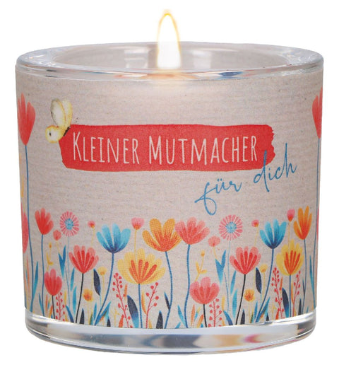 Butzon & Bercker Glaswindlicht mit Blumenmotiv Ø 6,5 cm - farbig bedrucktes Windlicht, Lieferung mit Teelicht, liebevolles Geschenk für Mut und Zuversicht, Geschenkverpackung
